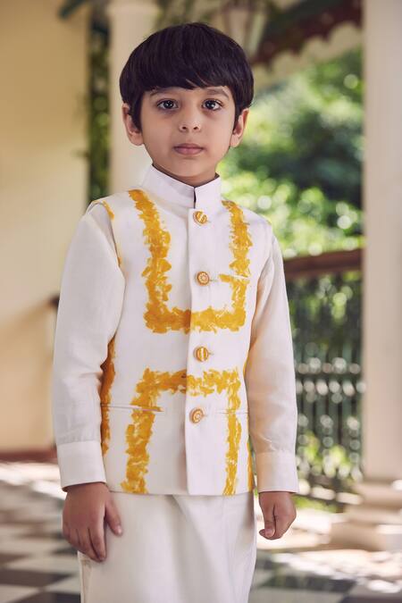 Shop_Amita Gupta_White Cotton, Silk, Chanderi Embroidery Eco Printed Kurta Set With Bundi_Online_at_Aza_Fashions