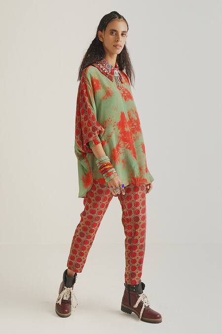 Aseem Kapoor Green Natural Crepe Collared Neck Mandala Tie And Dye Shirt Online at Aza Fashions Aseem Kapoor_Green Natural Crepe Collared Neck Mandala Tie And Dye Shirt_Online_at_Aza_Fashions