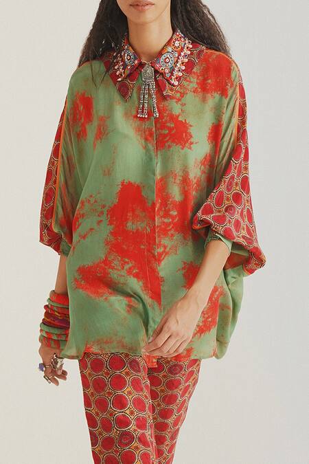 Aseem Kapoor Green Natural Crepe Collared Neck Mandala Tie And Dye Shirt at Aza Fashions Aseem Kapoor_Green Natural Crepe Collared Neck Mandala Tie And Dye Shirt_at_Aza_Fashions