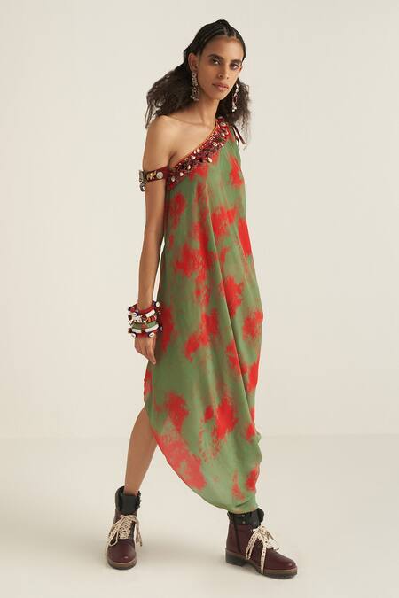 Aseem Kapoor_Green Natural Crepe One Shoulder Rasa Dress_Online_at_Aza_Fashions