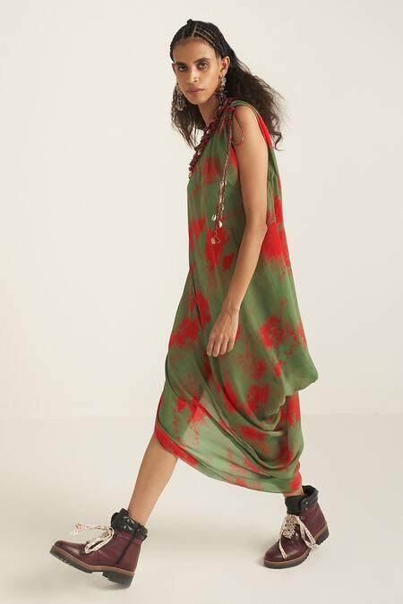 Buy_Aseem Kapoor_Green Natural Crepe One Shoulder Rasa Dress_Online_at_Aza_Fashions