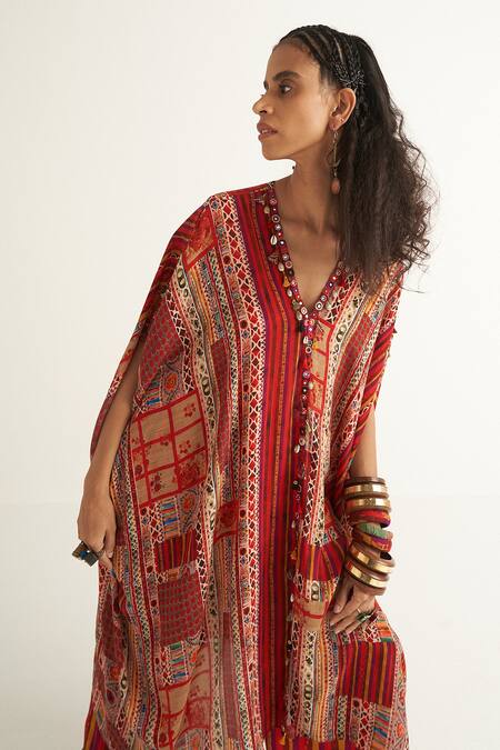 Buy_Aseem Kapoor_Multi Color Mushroom Twill, Natural Crepe Ritu Printed Kaftan And Trouser Set_Online_at_Aza_Fashions