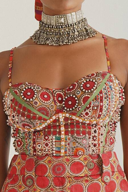 Buy_Aseem Kapoor_Multi Color Handloom Cotton Linen Geometric Motifs Chandra Corset Blouse_Online_at_Aza_Fashions
