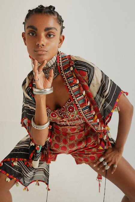 Aseem Kapoor_Multi Color Jacket Sheer Silk, Trouser Handloom Chandra Shorts Set With Veni_Online_at_Aza_Fashions