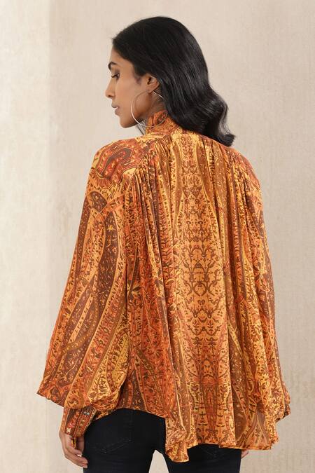 Shop Ritu Kumar Orange 100% Viscose Printed Jamawar Band Collar Raglan Sleeve Kurti at Aza Fashions Shop_Ritu Kumar_Orange 100% Viscose Printed Jamawar Band Collar Raglan Sleeve Kurti_at_Aza_Fashions