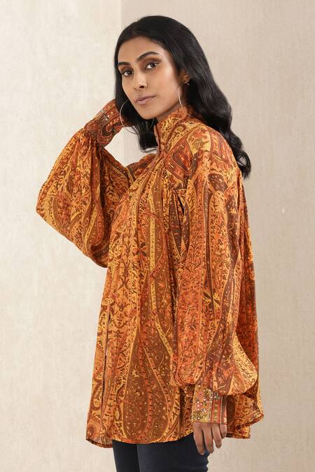 Shop Ritu Kumar Orange 100% Viscose Printed Jamawar Band Collar Raglan Sleeve Kurti Online at Aza Fashions Shop_Ritu Kumar_Orange 100% Viscose Printed Jamawar Band Collar Raglan Sleeve Kurti_Online_at_Aza_Fashions