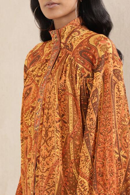 Ritu Kumar Orange 100% Viscose Printed Jamawar Band Collar Raglan Sleeve Kurti at Aza Fashions Ritu Kumar_Orange 100% Viscose Printed Jamawar Band Collar Raglan Sleeve Kurti_at_Aza_Fashions