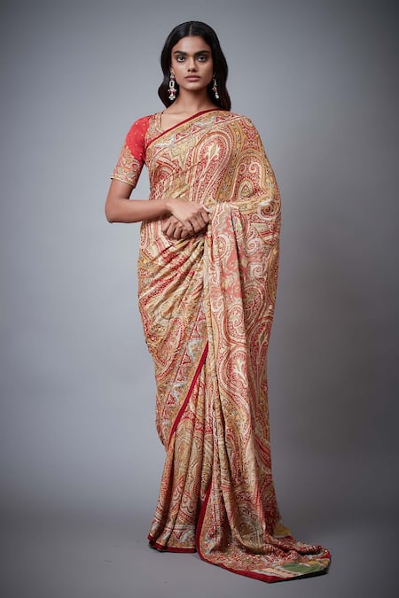 Buy_RI.Ritu Kumar_Red 100% Viscose Jamawar Print Saree_at_Aza_Fashions