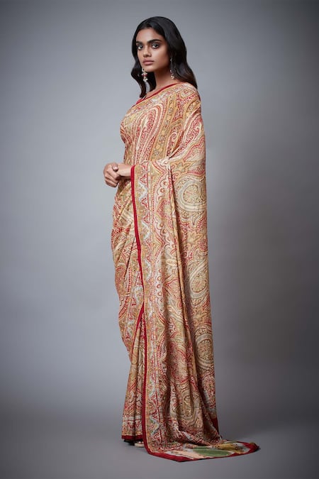 Buy_RI.Ritu Kumar_Red 100% Viscose Jamawar Print Saree_Online_at_Aza_Fashions