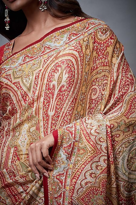 Shop_RI.Ritu Kumar_Red 100% Viscose Jamawar Print Saree_Online_at_Aza_Fashions