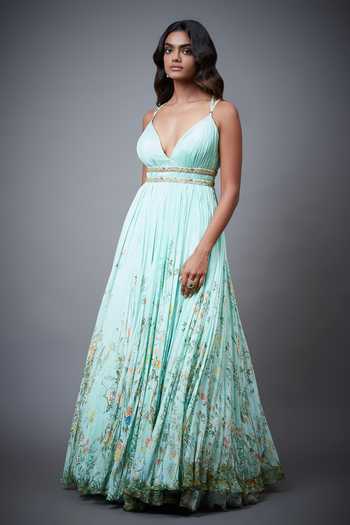 Buy Blue 100% Viscose Printed Floral Motifs Plunge V Bagh-e-noor Gown ...
