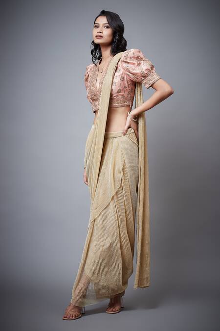 Buy RI.Ritu Kumar Gold 100% Polyester, Lining 100% Viscose Satnam Pre-draped Saree And Blouse Online at Aza Fashions Buy_RI.Ritu Kumar_Gold 100% Polyester, Lining 100% Viscose Satnam Pre-draped Saree And Blouse_Online_at_Aza_Fashions
