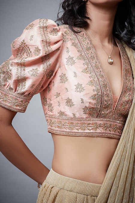 Shop RI.Ritu Kumar Gold 100% Polyester, Lining 100% Viscose Satnam Pre-draped Saree And Blouse Online at Aza Fashions Shop_RI.Ritu Kumar_Gold 100% Polyester, Lining 100% Viscose Satnam Pre-draped Saree And Blouse_Online_at_Aza_Fashions
