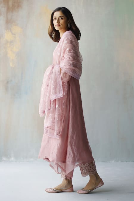 Begum_Purple Organza Dupatta, Zari Silk Kurta And Modal Satin Mira Embroidered Set _Online_at_Aza_Fashions