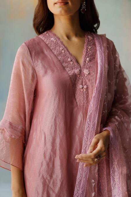Buy_Begum_Purple Organza Dupatta, Zari Silk Kurta And Modal Satin Mira Embroidered Set _Online_at_Aza_Fashions