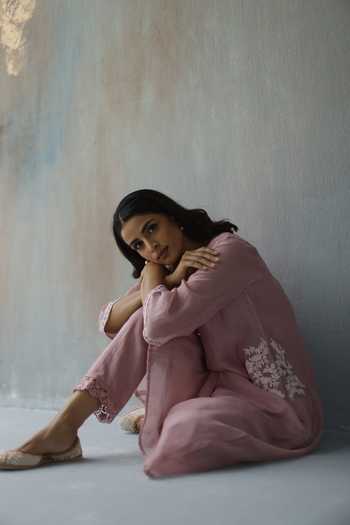 Buy_Begum_Purple Cotton, Chanderi Floral Mandarin Collar Aiza Choga Kurta And Pant Set _Online_at_Aza_Fashions