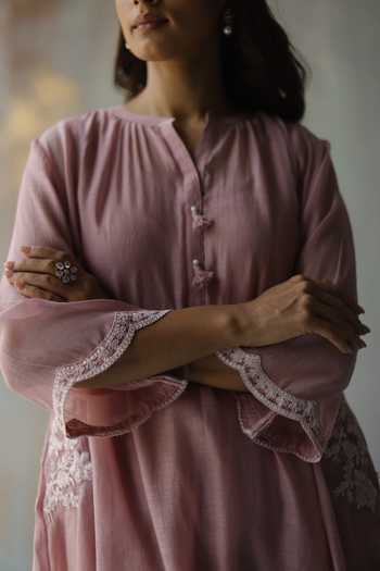 Shop_Begum_Purple Cotton, Chanderi Floral Mandarin Collar Aiza Choga Kurta And Pant Set _Online_at_Aza_Fashions