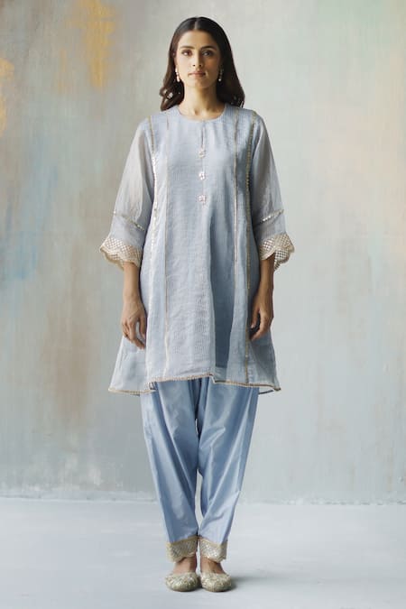Begum_Blue Kurta Zari Tissue, Lining , Pants Modal Noor Embellished Set _Online_at_Aza_Fashions