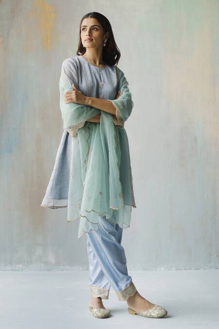 Buy_Begum_Blue Kurta Zari Tissue, Lining , Pants Modal Noor Embellished Set _Online_at_Aza_Fashions