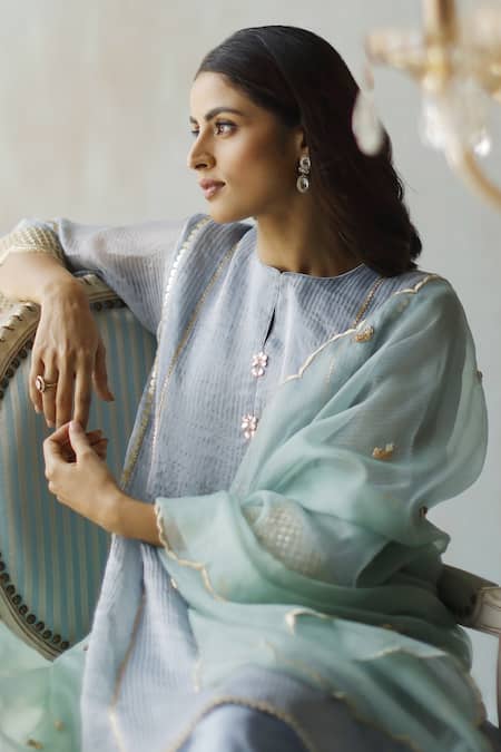 Shop_Begum_Blue Kurta Zari Tissue, Lining , Pants Modal Noor Embellished Set _Online_at_Aza_Fashions