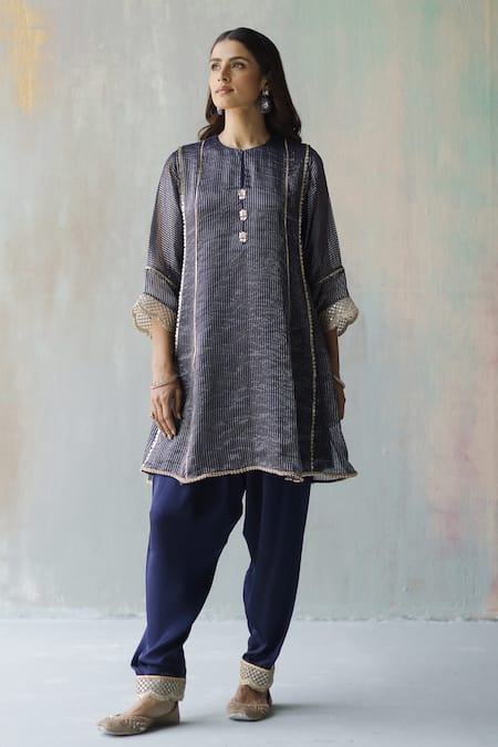 Begum Blue Kurta Zari Tissue, Lining Satin, Pants Modal Noor Embellished And Set