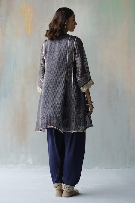 Shop Begum Blue Kurta Zari Tissue, Lining Satin, Pants Modal Noor Embellished And Set at Aza Fashions Shop_Begum_Blue Kurta Zari Tissue, Lining Satin, Pants Modal Noor Embellished And Set _at_Aza_Fashions