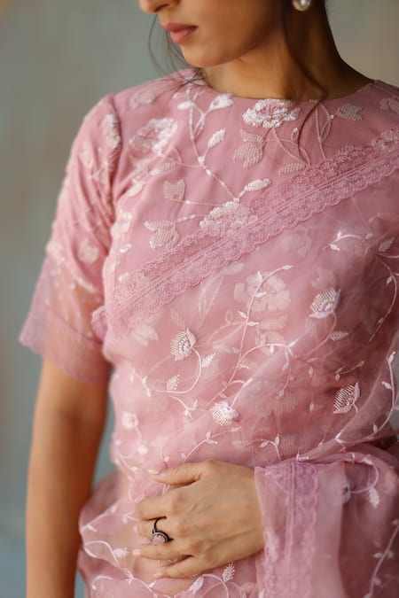 Shop_Begum_Purple Organza, Georgette Floral Round Saba Embroidered Saree With Blouse _Online_at_Aza_Fashions