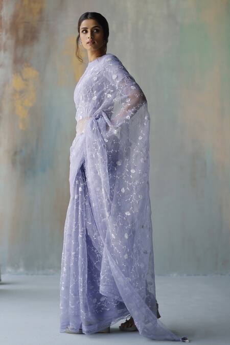 Begum_Blue Organza, Georgette Floral Round Saba Embroidered Saree With Blouse _Online_at_Aza_Fashions