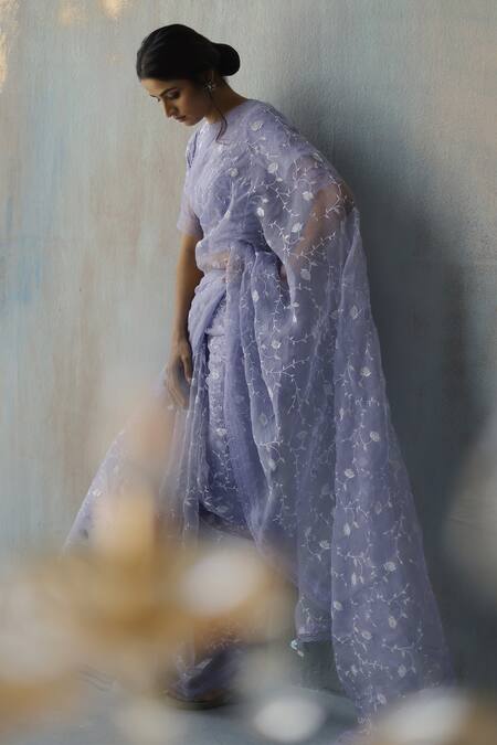 Buy_Begum_Blue Organza, Georgette Floral Round Saba Embroidered Saree With Blouse _Online_at_Aza_Fashions