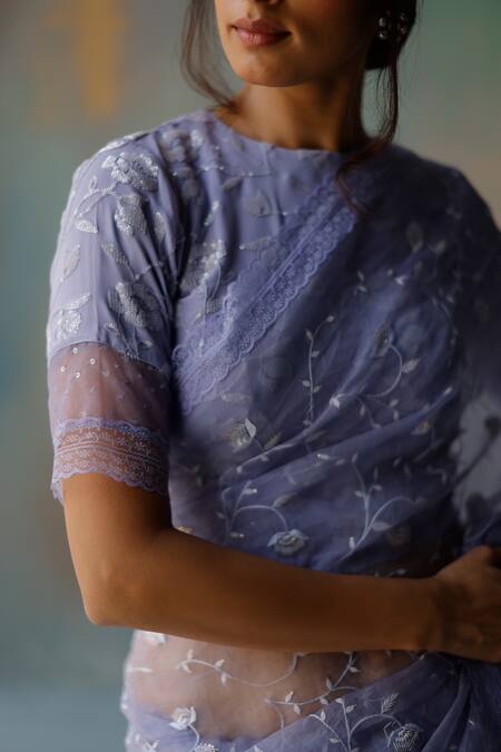 Shop_Begum_Blue Organza, Georgette Floral Round Saba Embroidered Saree With Blouse _Online_at_Aza_Fashions