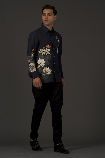 Balance by Rohit Bal Black Satin Poplin Printed Floral Shirt 