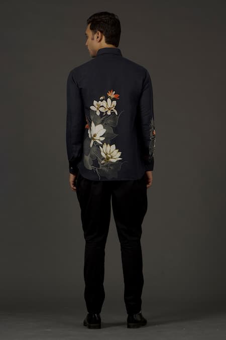 Shop Balance By Rohit Bal Black Satin Poplin Floral Print Shirt at Aza Fashions Shop_Balance By Rohit Bal_Black Satin Poplin Floral Print Shirt _at_Aza_Fashions