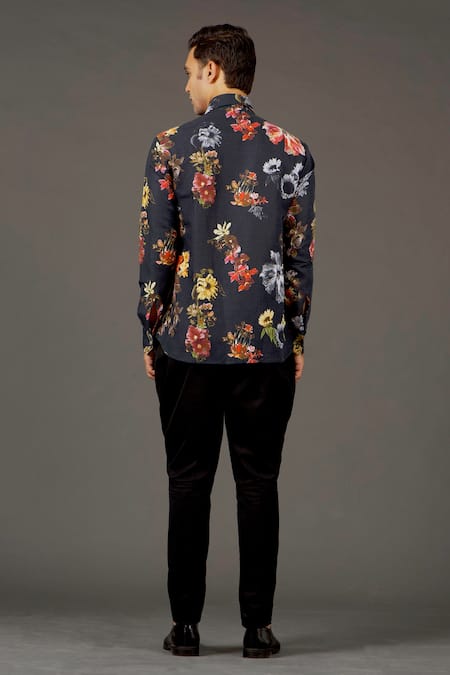 Shop Balance By Rohit Bal Black Satin Poplin Floral Print Shirt at Aza Fashions Shop_Balance By Rohit Bal_Black Satin Poplin Floral Print Shirt _at_Aza_Fashions