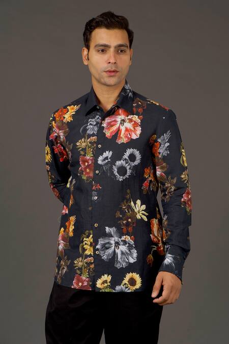 Balance By Rohit Bal Black Satin Poplin Floral Print Shirt Online at Aza Fashions Balance By Rohit Bal_Black Satin Poplin Floral Print Shirt _Online_at_Aza_Fashions