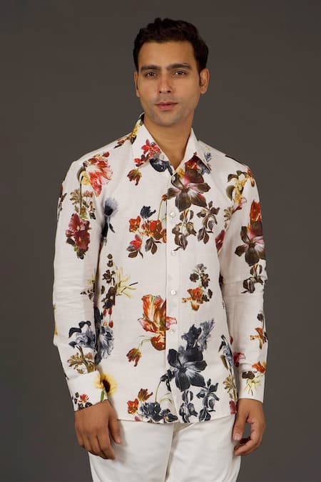 Balance By Rohit Bal Ivory Satin Poplin Floral Print Shirt Online at Aza Fashions Balance By Rohit Bal_Ivory Satin Poplin Floral Print Shirt _Online_at_Aza_Fashions