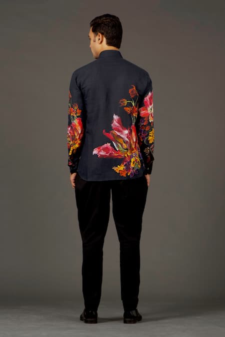 Shop Balance By Rohit Bal Black Satin Poplin Floral Print Shirt at Aza Fashions Shop_Balance By Rohit Bal_Black Satin Poplin Floral Print Shirt _at_Aza_Fashions