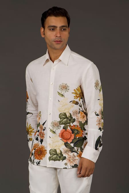 Balance By Rohit Bal_Ivory Satin Poplin Floral Print Shirt _Online_at_Aza_Fashions