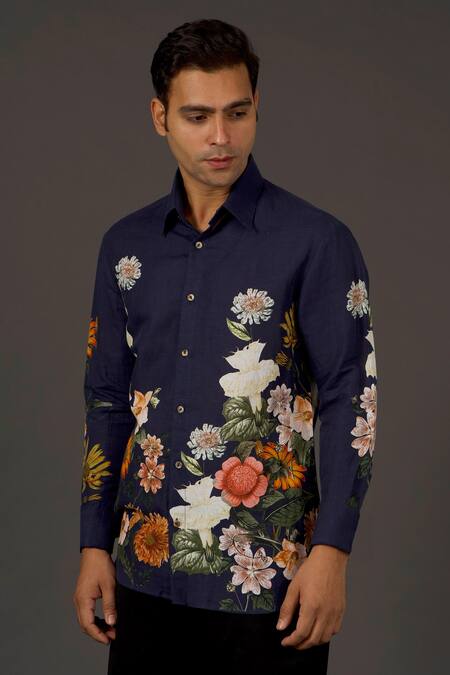 Balance By Rohit Bal_Blue Satin Poplin Floral Print Shirt _Online_at_Aza_Fashions