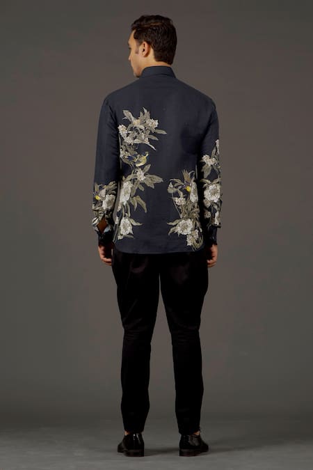 Shop Balance By Rohit Bal Black Satin Poplin Bird, Floral Print Shirt at Aza Fashions Shop_Balance By Rohit Bal_Black Satin Poplin Bird, Floral Print Shirt _at_Aza_Fashions