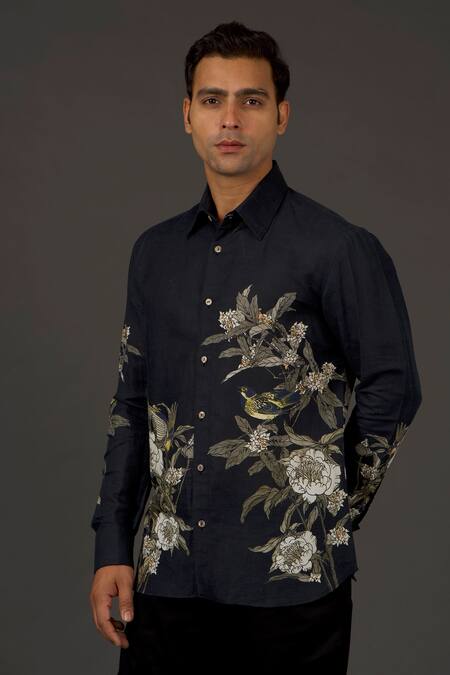 Balance By Rohit Bal Black Satin Poplin Bird, Floral Print Shirt Online at Aza Fashions Balance By Rohit Bal_Black Satin Poplin Bird, Floral Print Shirt _Online_at_Aza_Fashions