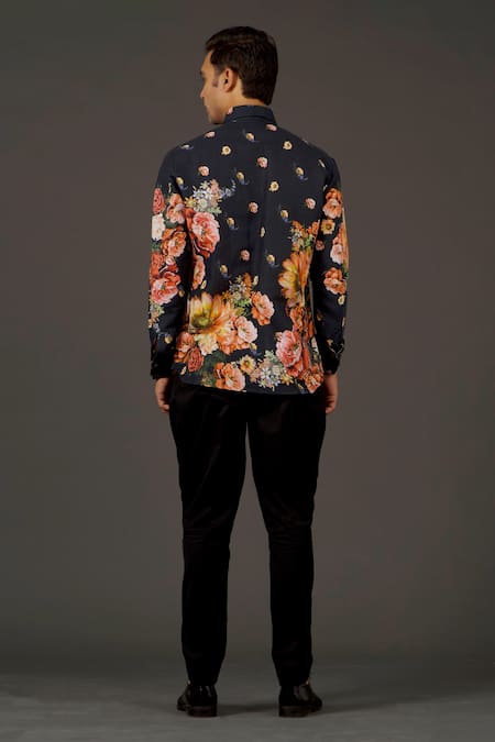 Shop Balance By Rohit Bal Black Satin Poplin Floral Print Shirt at Aza Fashions Shop_Balance By Rohit Bal_Black Satin Poplin Floral Print Shirt _at_Aza_Fashions