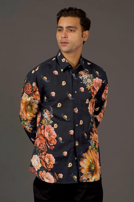 Balance By Rohit Bal Black Satin Poplin Floral Print Shirt Online at Aza Fashions Balance By Rohit Bal_Black Satin Poplin Floral Print Shirt _Online_at_Aza_Fashions
