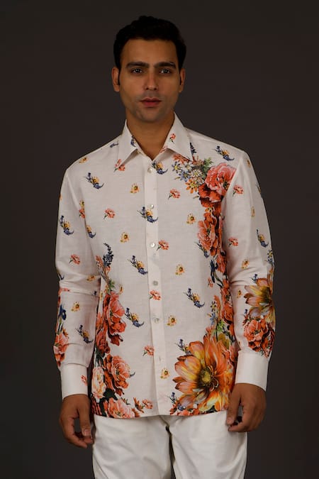 Balance By Rohit Bal_Ivory Satin Poplin Floral Print Shirt _Online_at_Aza_Fashions