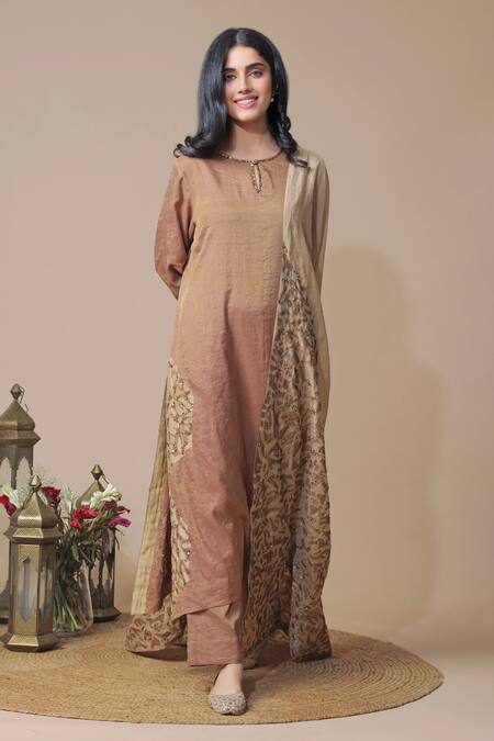 Neelu Sethi_Brown Tissue Chanderilining Shantoon Embroidered Sequins Patchwork Kurta Set_Online_at_Aza_Fashions