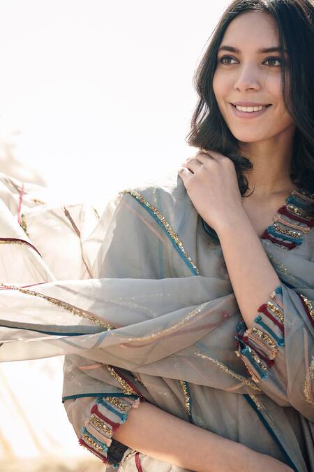 Neelu Sethi_Grey Handloom Chanderi, Organzalining Shantoon Sequin , Cord Kurta Set_Online_at_Aza_Fashions
