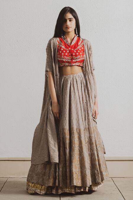 Neelu Sethi_Grey V Neck Layered Block Print Lehenga Set_Online_at_Aza_Fashions
