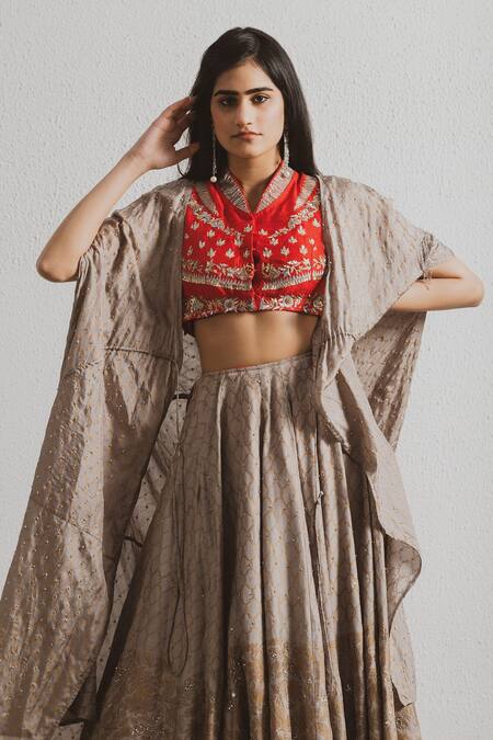 Buy_Neelu Sethi_Grey V Neck Layered Block Print Lehenga Set_Online_at_Aza_Fashions
