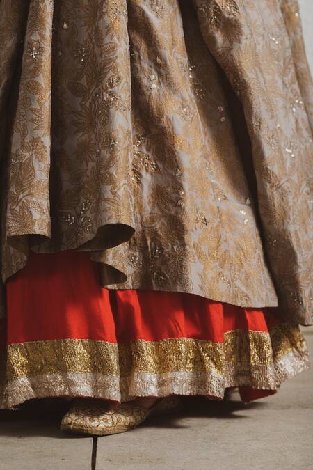 Shop_Neelu Sethi_Grey V Neck Layered Block Print Lehenga Set_Online_at_Aza_Fashions