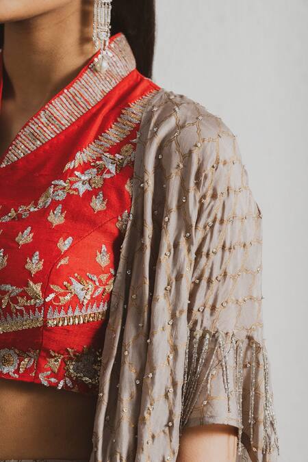 Neelu Sethi_Grey V Neck Layered Block Print Lehenga Set_at_Aza_Fashions