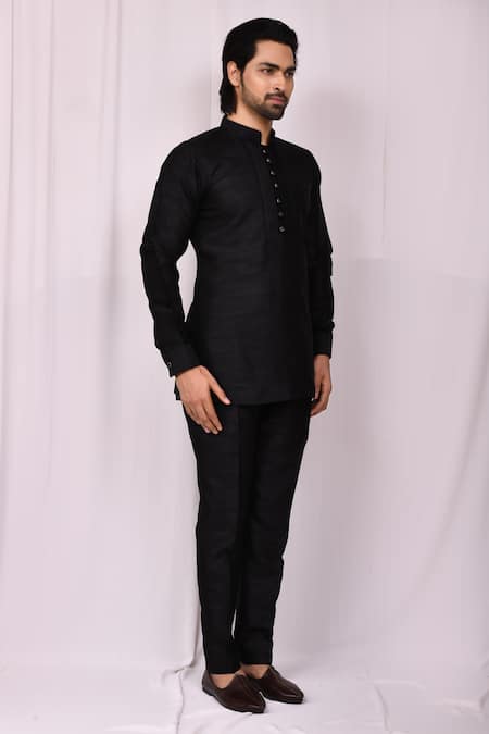 Aryavir Malhotra Black Art Silk Band Collar Kurta And Pant Set Online at Aza Fashions Aryavir Malhotra_Black Art Silk Band Collar Kurta And Pant Set _Online_at_Aza_Fashions